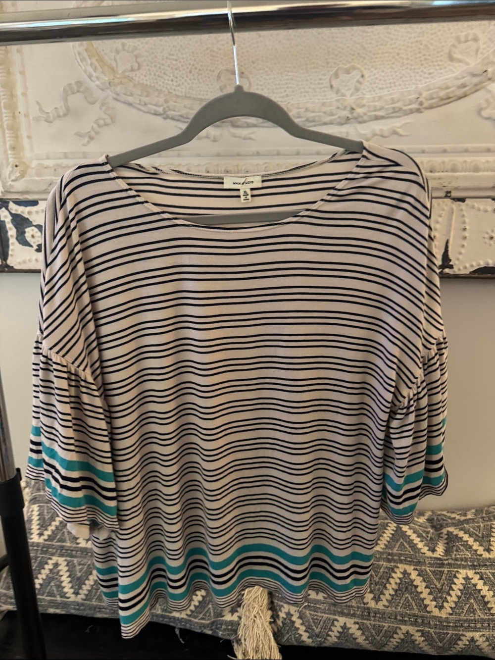 Max Studio Striped Boatneck Tunic in White, Black & Teal
